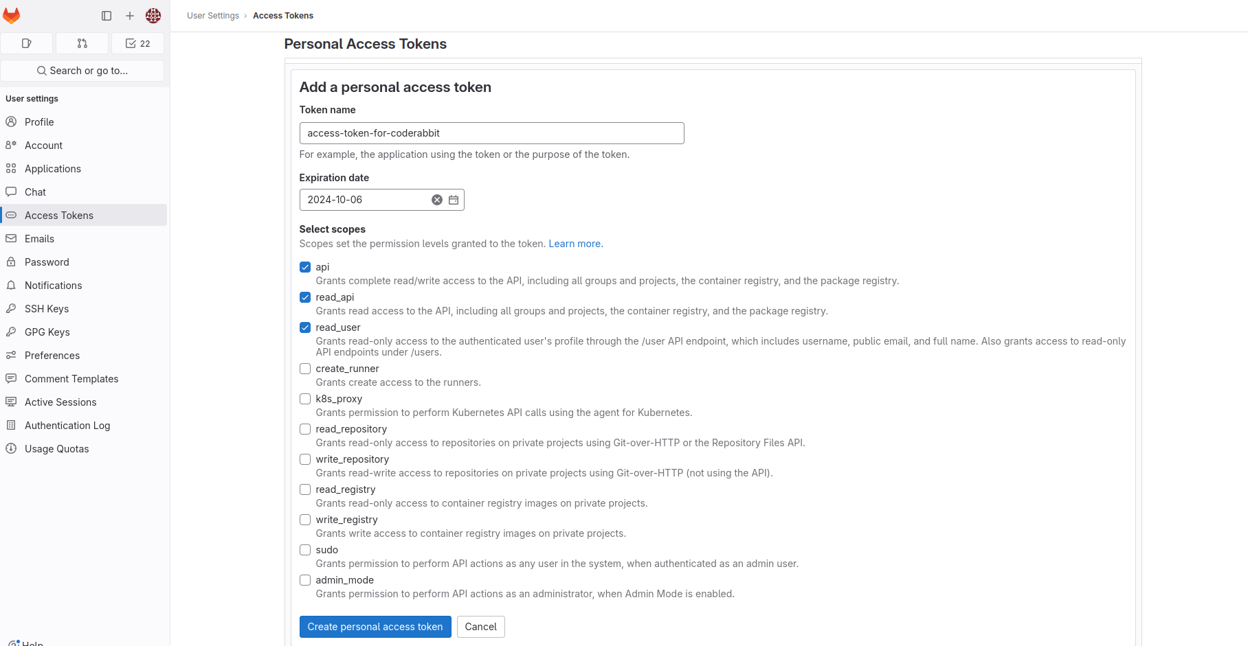 GitLab personal access token configuration page